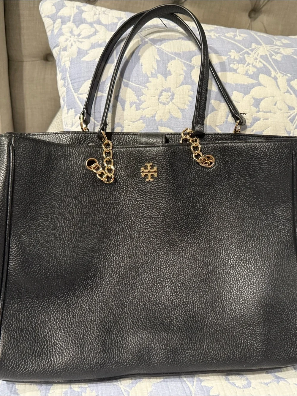 Tory Burch Black Pebbled Leather Tote with Gold Hardware